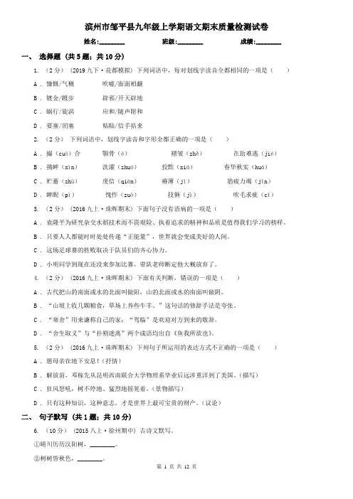 滨州市邹平县九年级上学期语文期末质量检测试卷
