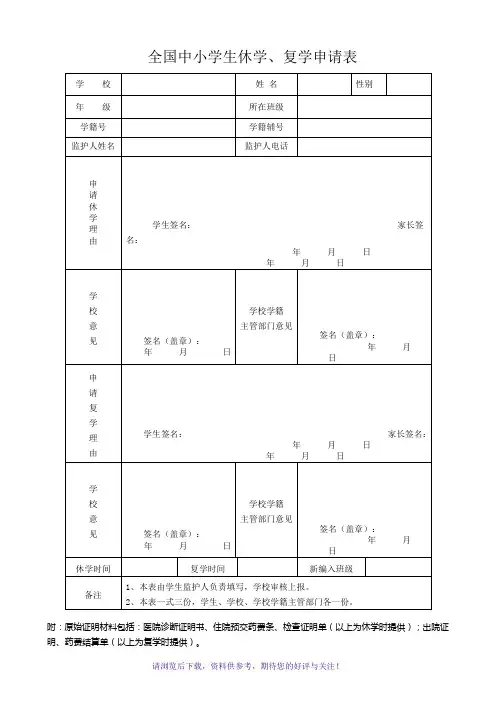 全国中小学生休学、复学申请表
