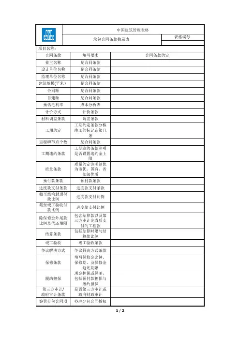 1-承包合同条款摘录表