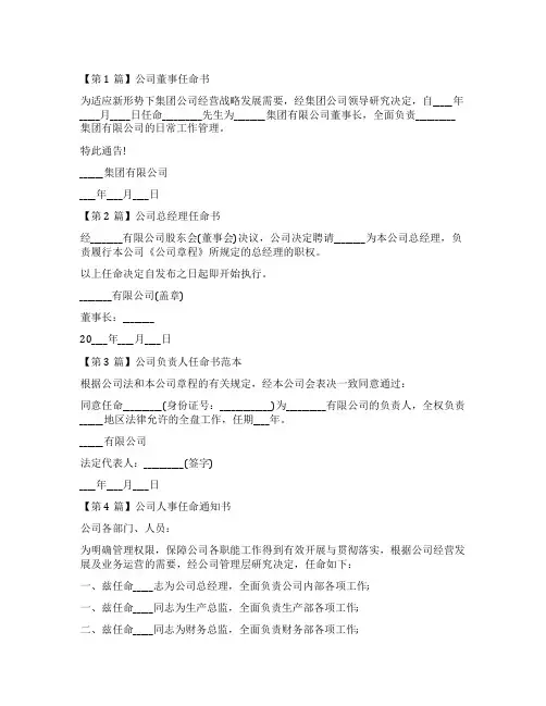 优秀任命书模板公司任命书模板范文