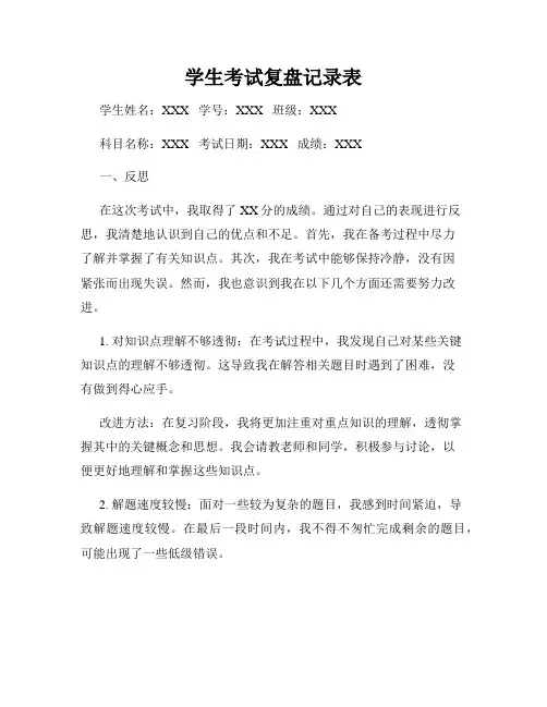 学生考试复盘记录表