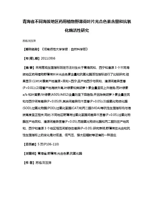 青海省不同海拔地区药用植物野薄荷叶片光合色素含量和抗氧化酶活性研究