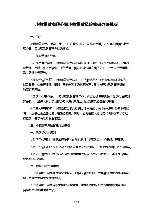 小额贷款有限公司小额贷款风险管理办法模版