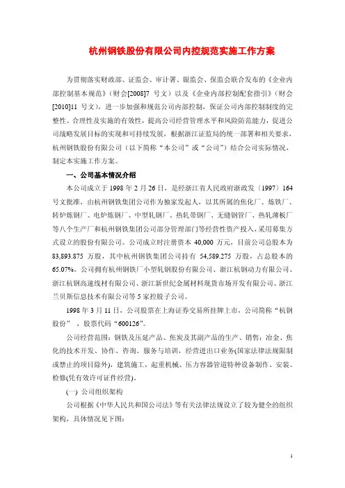 杭州钢铁股份有限公司内控规范实施工作方案