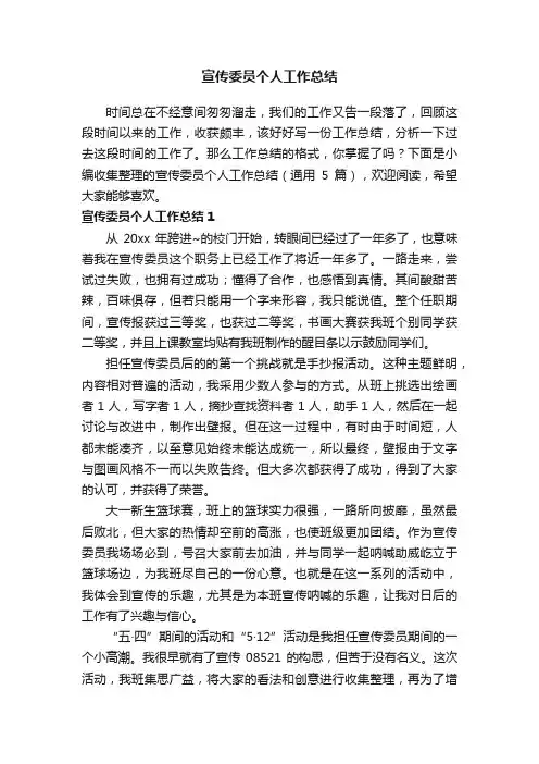 宣传委员个人工作总结（通用5篇）