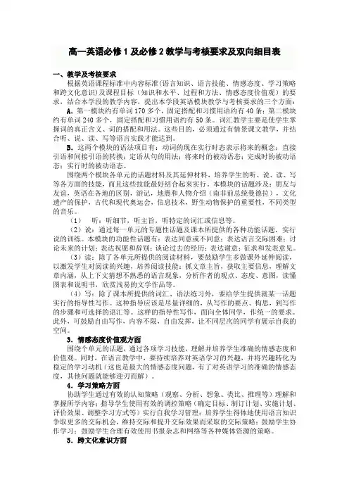 英语必修1教学与考核要求及双向细目表
