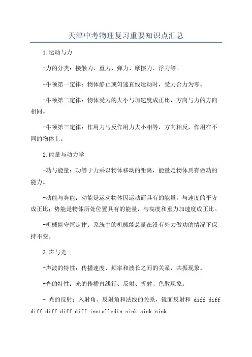 天津中考物理复习重要知识点汇总