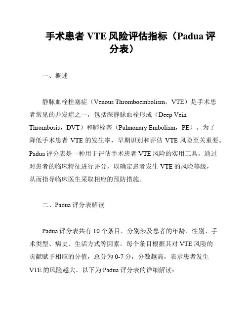 手术患者VTE风险评估指标(Padua评分表)