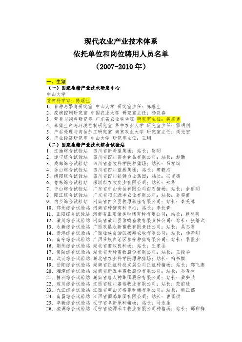 现代农业产业技术体系依托单位和岗位聘用人员名单-2007-2010