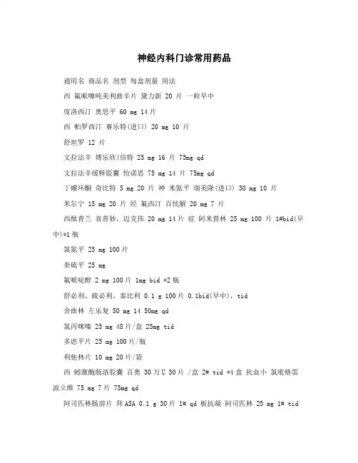 神经内科门诊常用药品