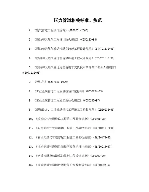 压力管道相关标准、规范