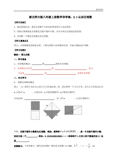 新北师大版八年级上册数学导学案：2.1认识无理数.doc