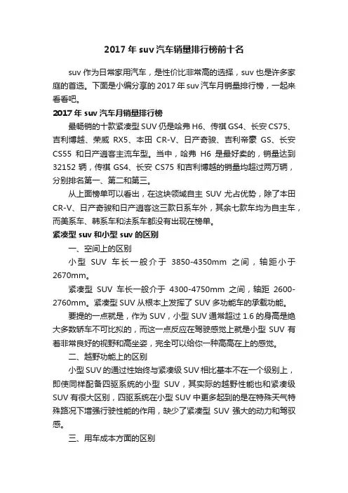 2017年suv汽车销量排行榜前十名