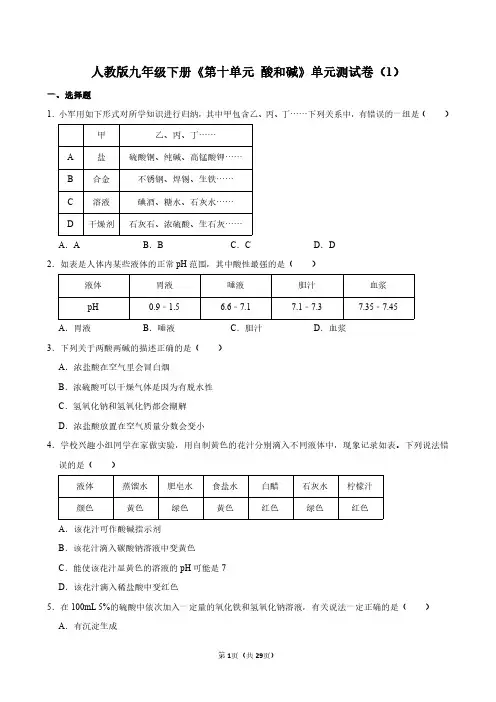 人教版九年级下册《第十单元 酸和碱》化学单元测试卷及答案详解
