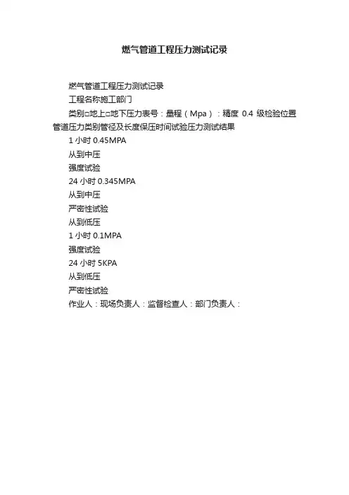 燃气管道工程压力测试记录