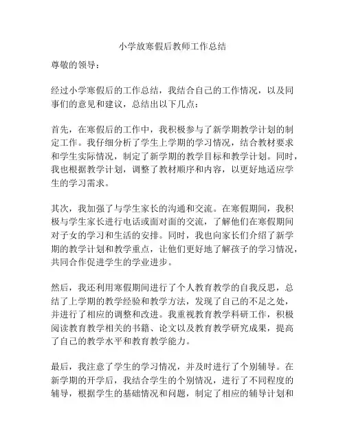 小学放寒假后教师工作总结