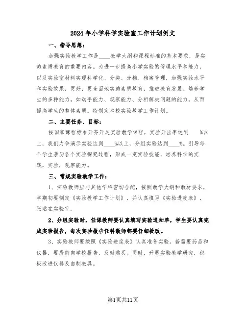 2024年小学科学实验室工作计划例文（5篇）