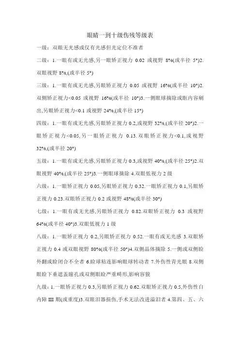 眼睛一到十级伤残等级表