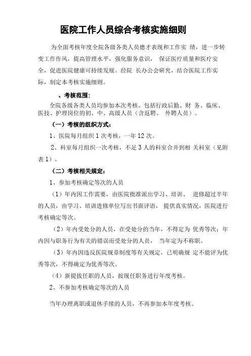 医院综合考核实施细则