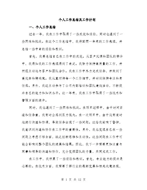 个人工作总结及工作计划(5篇)