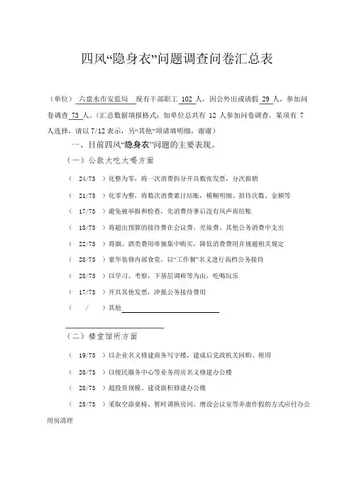 四风“隐身衣”问题调查问卷汇总表