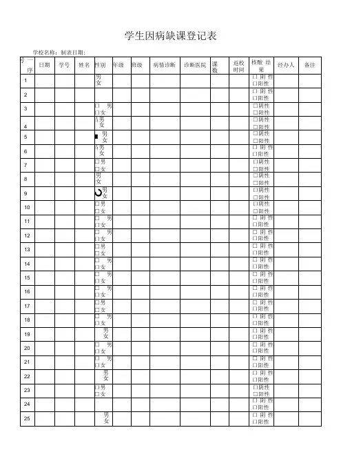 学生因病缺课登记表