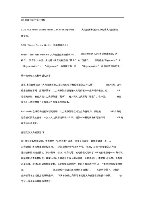 HR职能划分三支柱模型HRBP-3D