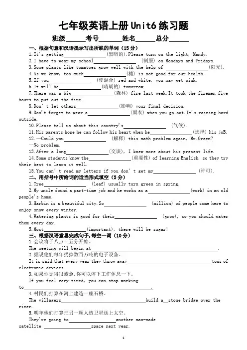 初中英语新外研版七年级上册Unit 6 练习题(附参考答案)(2024秋)