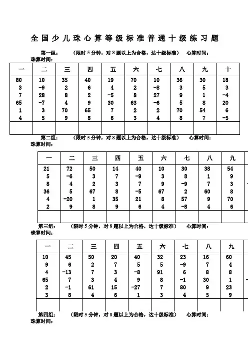 全国少儿珠心算等级标准普通十级练习题