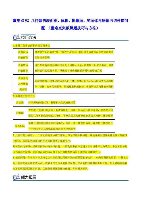 2023学年上海高二数学上学期同步知识点 几何体的表面积、体积、轴截面、多面体与球体内切外接问题