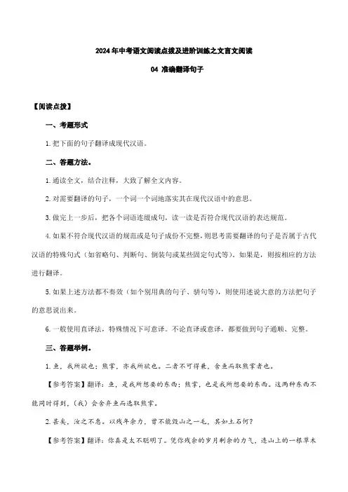 04 准确翻译句子-2024年中考语文阅读点拨及进阶训练(原卷版)