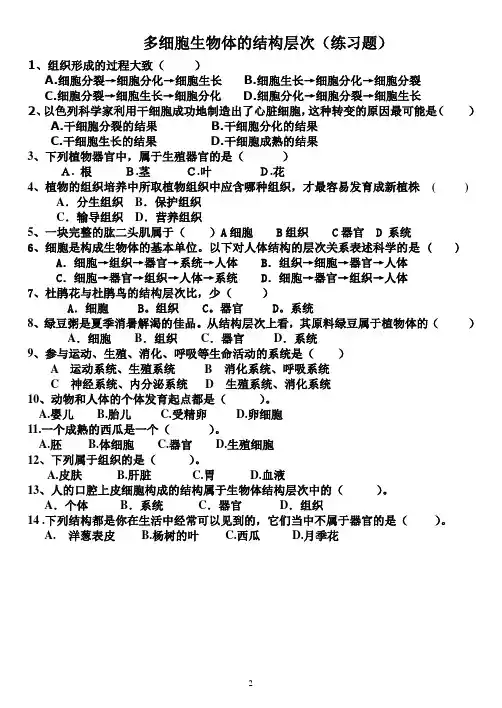 多细胞生物体的结构层次 (练习题及答案)