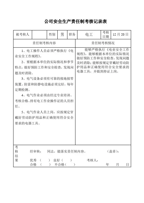 安全生产责任制考核记录表电工参考模板范本