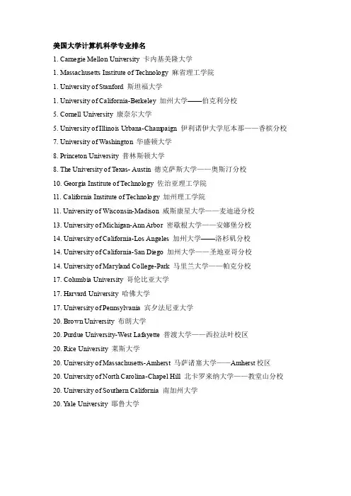 美国大学计算机科学研究生专业排名