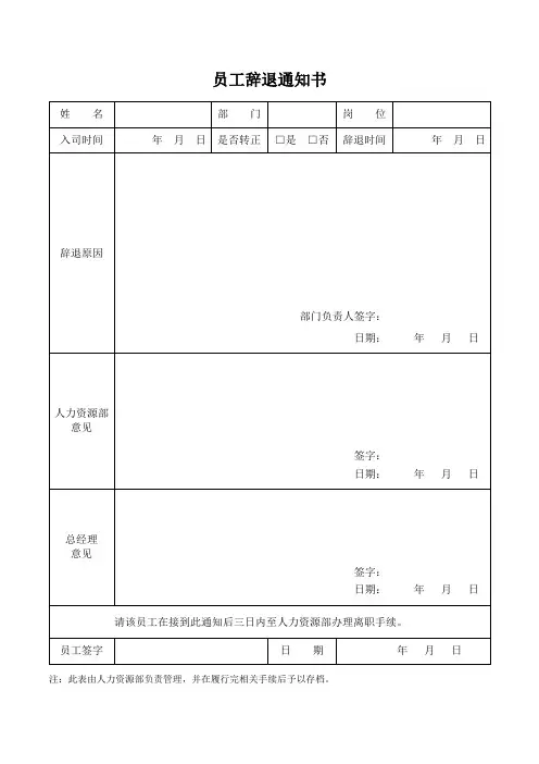 员工辞退通知书表格模板范本