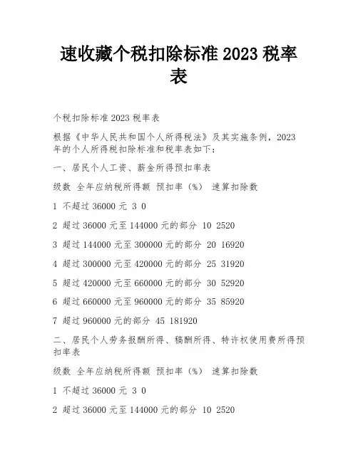 速收藏个税扣除标准2023税率表