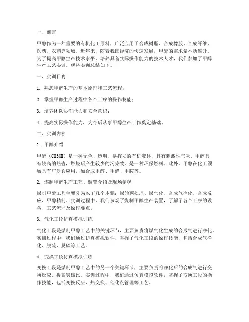 甲醇生产工艺实训总结报告