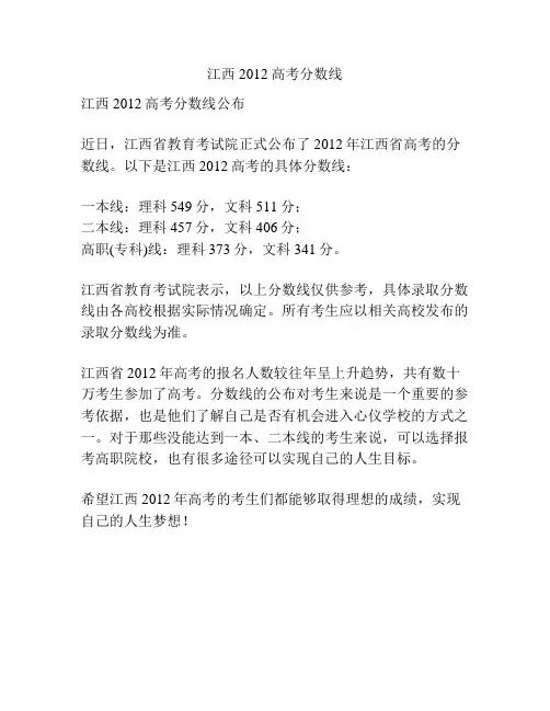 江西2012高考分数线