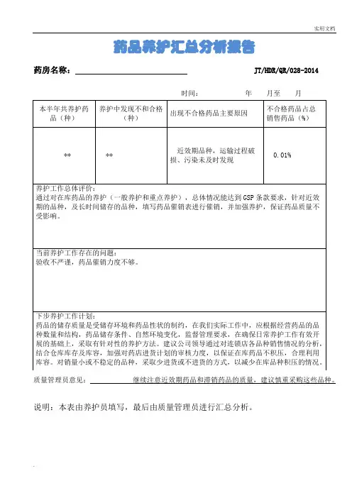 药品养护汇总分析报告