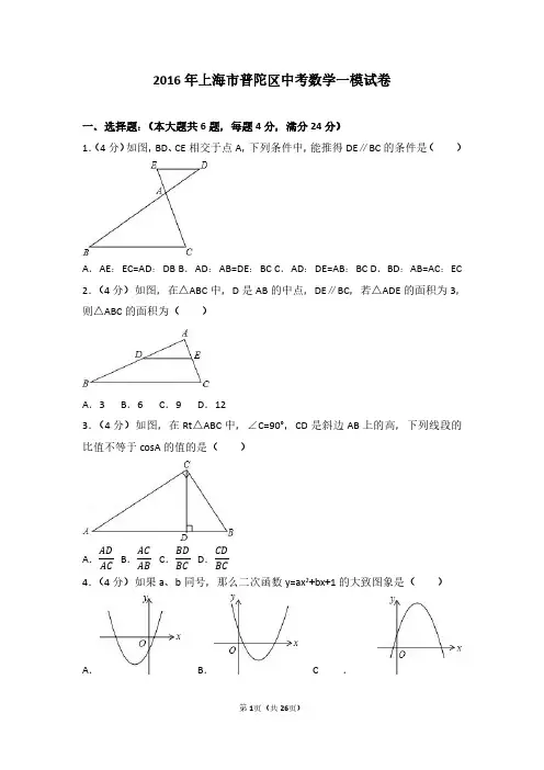 2016年上海市普陀区中考数学一模试卷及参考答案
