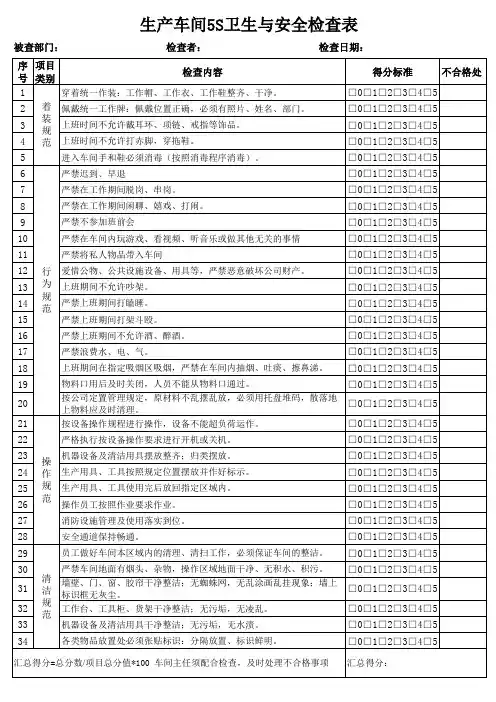 生产车间5S卫生及安全检查表