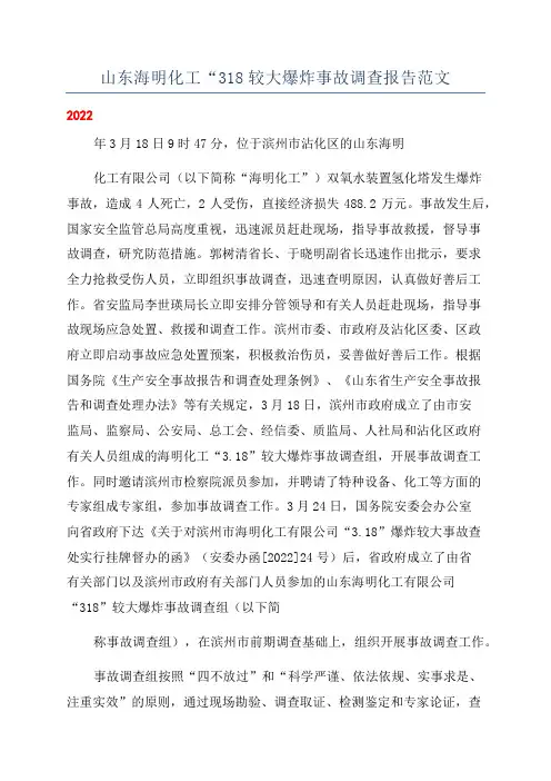 山东海明化工“318较大爆炸事故调查报告范文