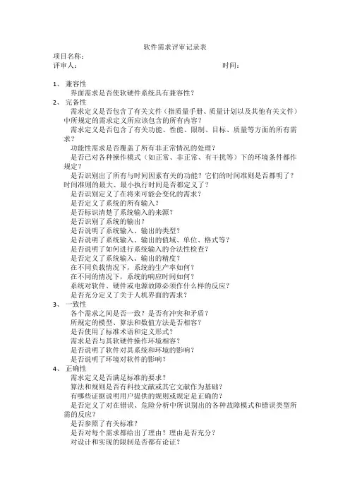 软件需求评审记录表