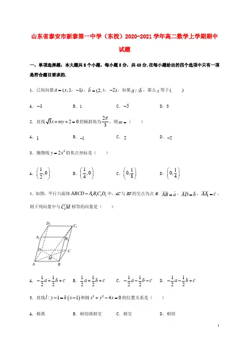 山东省泰安市新泰第一中学东校2020_2021学年高二数学上学期期中试题