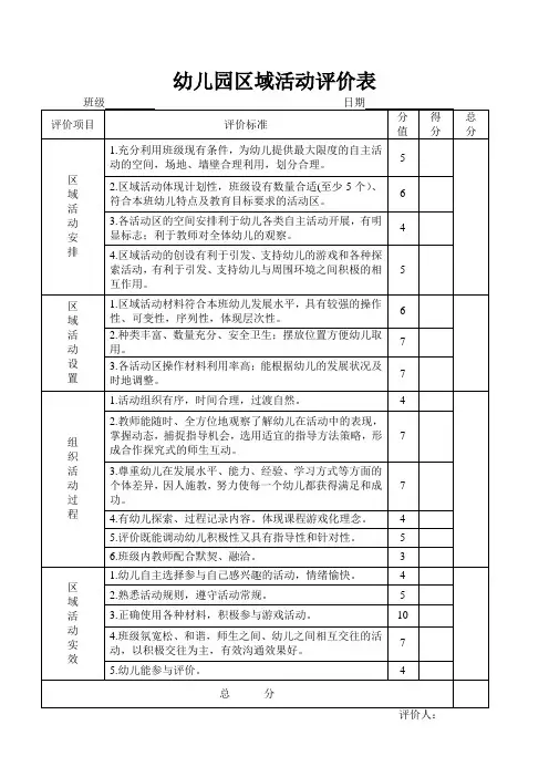 区域活动评价表