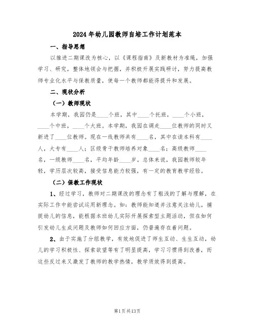 2024年幼儿园教师自培工作计划范本(5篇)