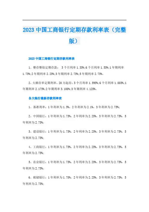 023中国工商银行定期存款利率表(完整版)