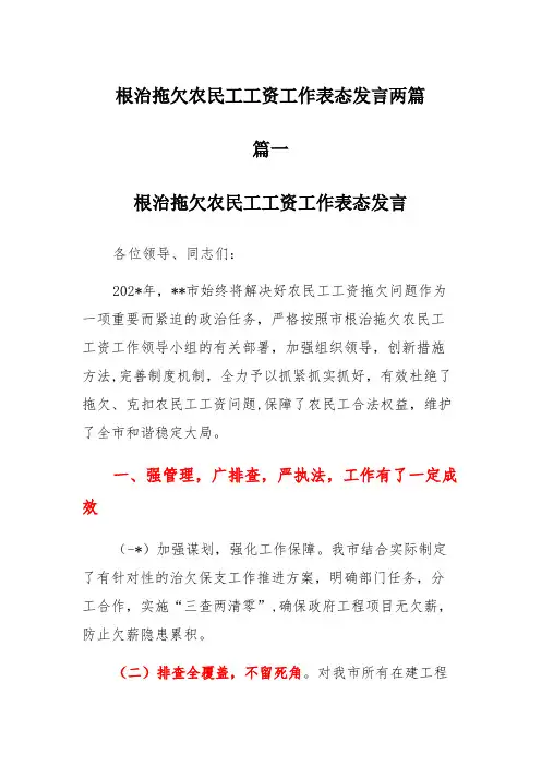 根治拖欠农民工工资工作表态发言两篇