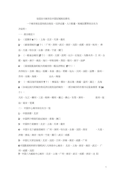 中国大城市政治地位综合实力排名