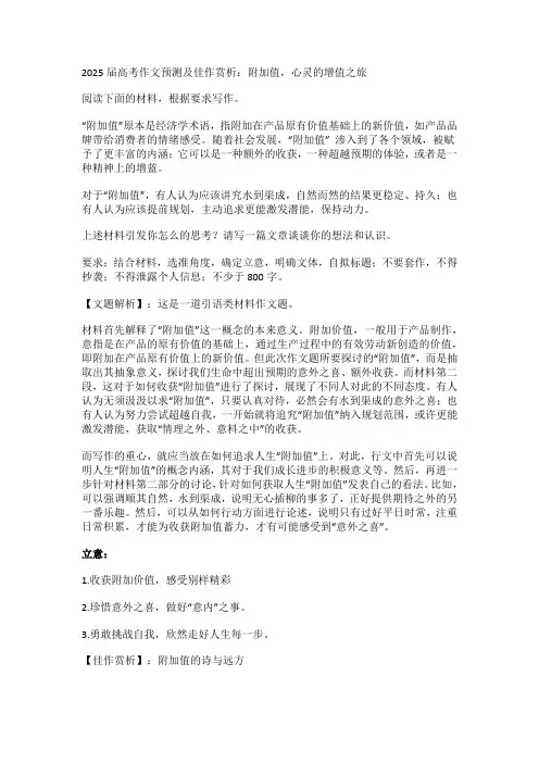 2025届高考作文预测及佳作赏析：附加值,心灵的增值之旅